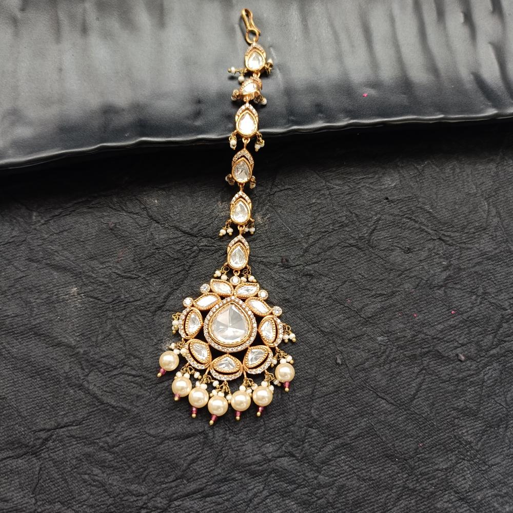 Arham Gold Plated Polki Kundan And Pearl Beads Maangtikka