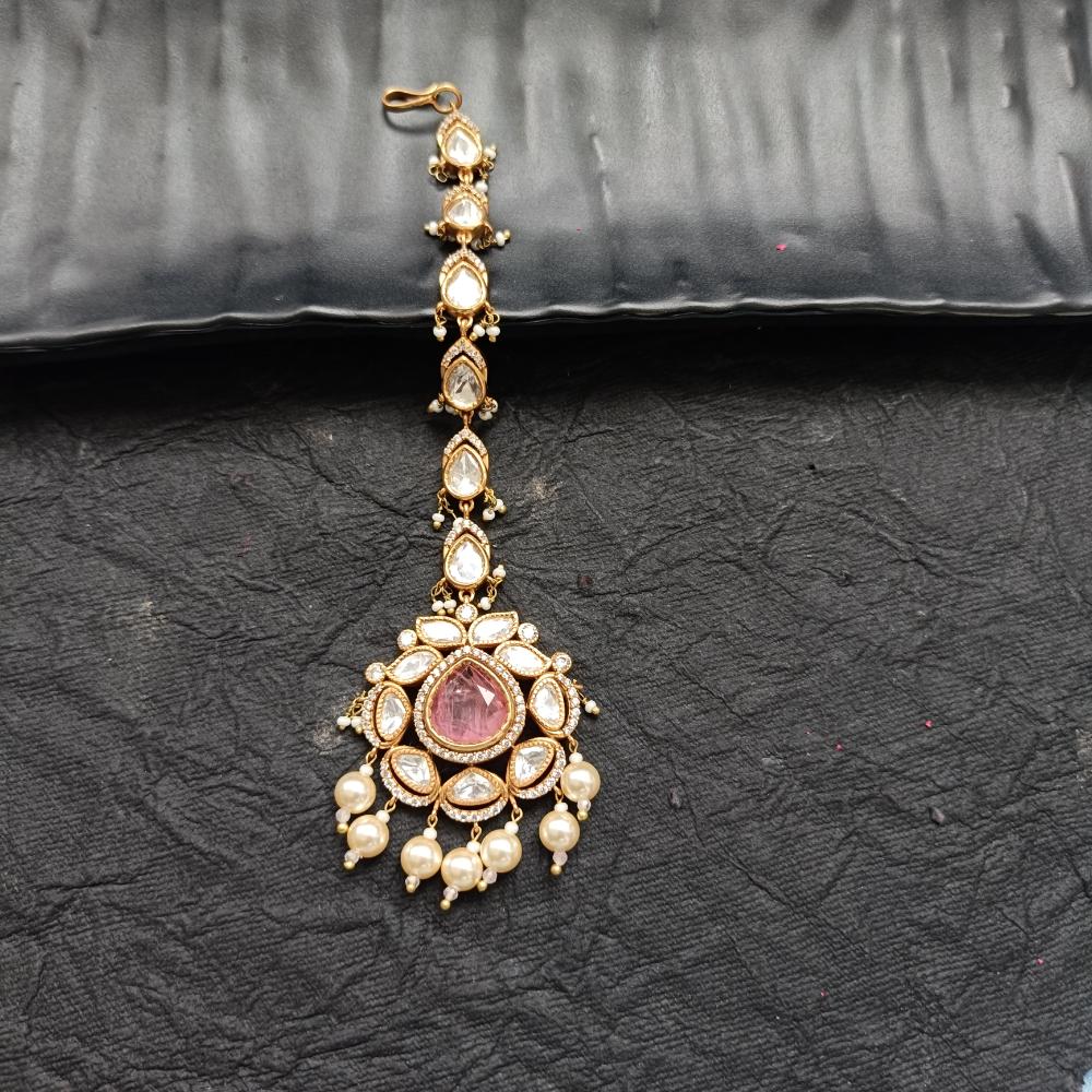 Arham Gold Plated Polki Kundan And Pearl Beads Maangtikka