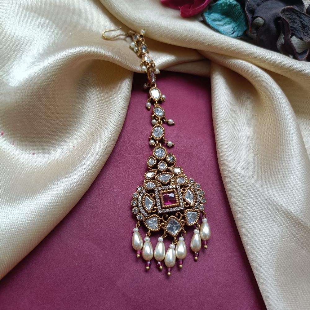 Arham Gold Plated Polki Kundan And Pearl Beads Maangtikka