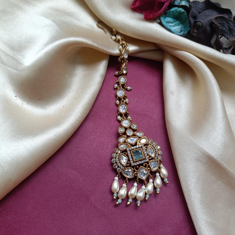 Arham Gold Plated Polki Kundan And Pearl Beads Maangtikka
