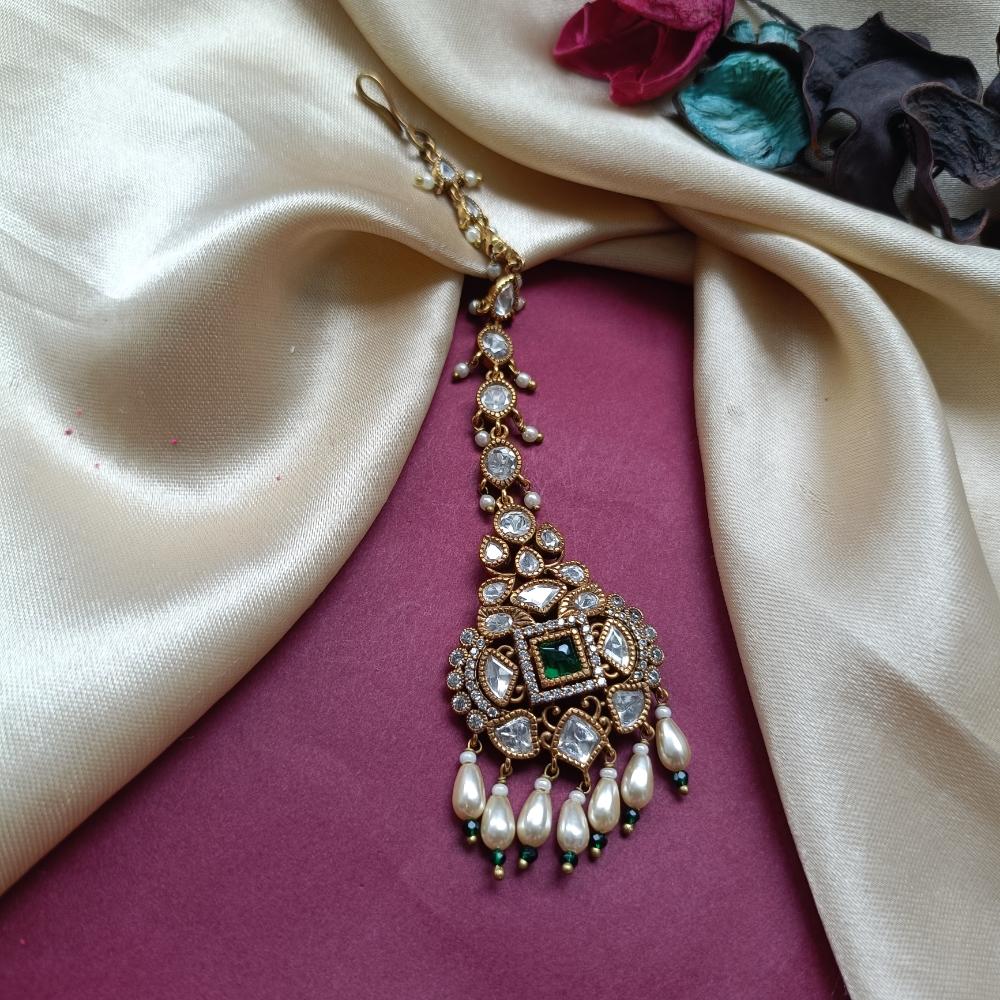 Arham Gold Plated Polki Kundan And Pearl Beads Maangtikka