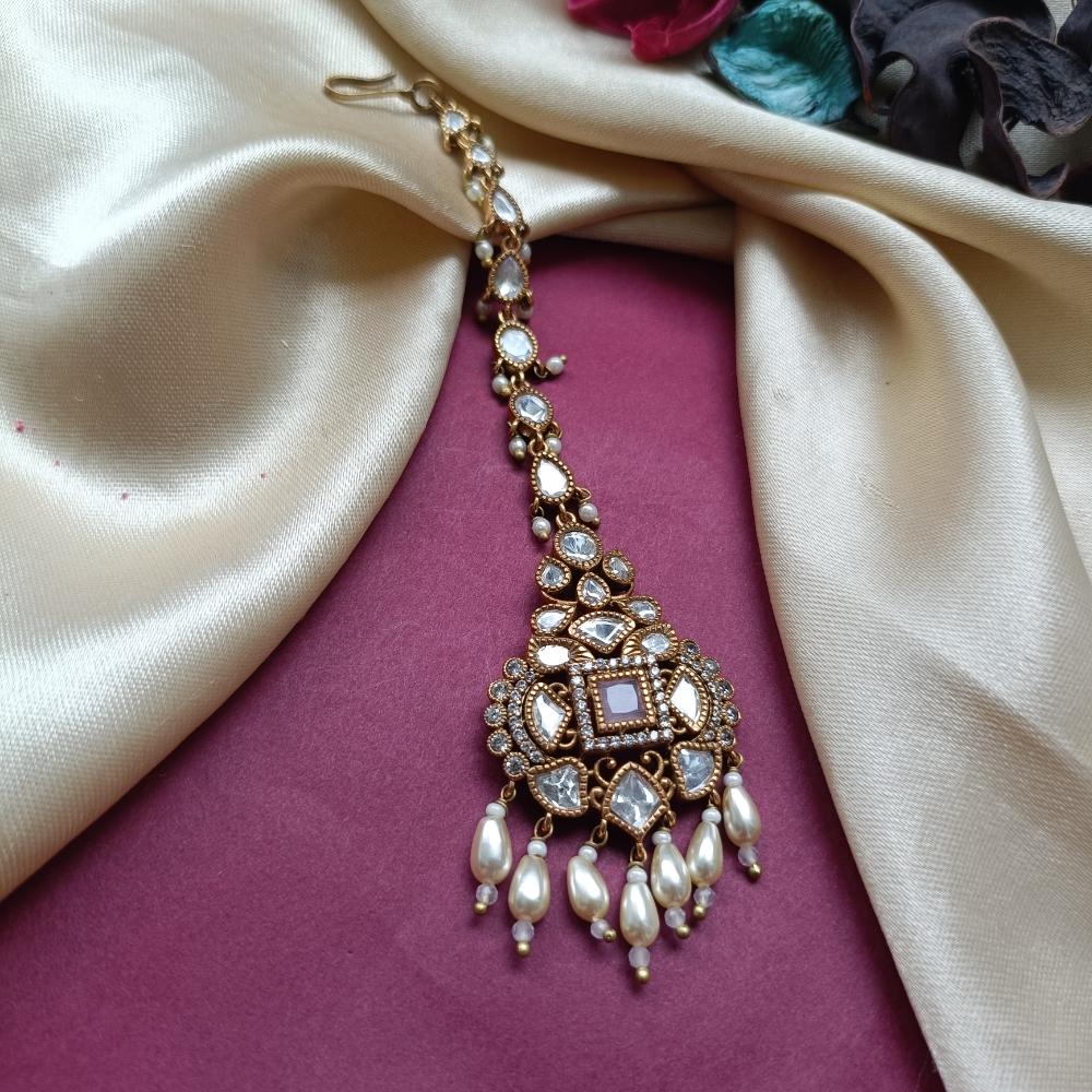 Arham Gold Plated Polki Kundan And Pearl Beads Maangtikka