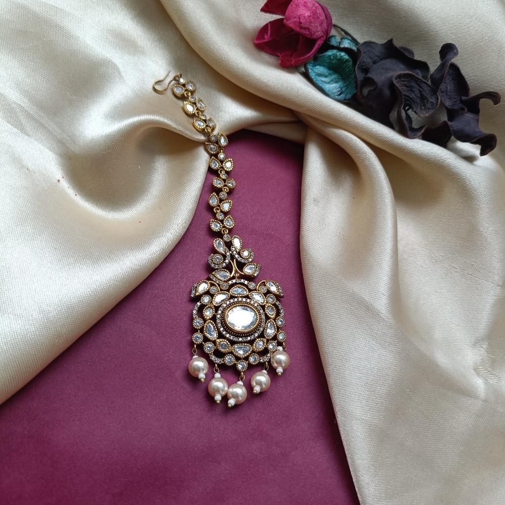 Arham Gold Plated Polki Kundan And Pearl Beads Maangtikka