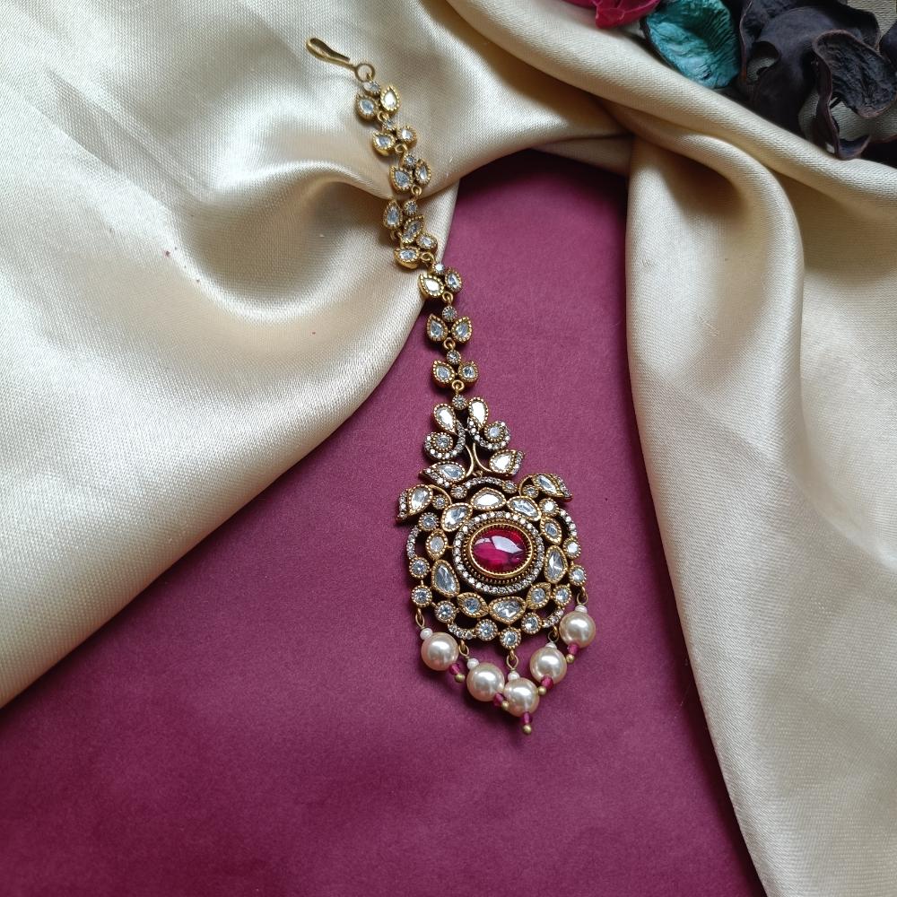 Arham Gold Plated Polki Kundan And Pearl Beads Maangtikka