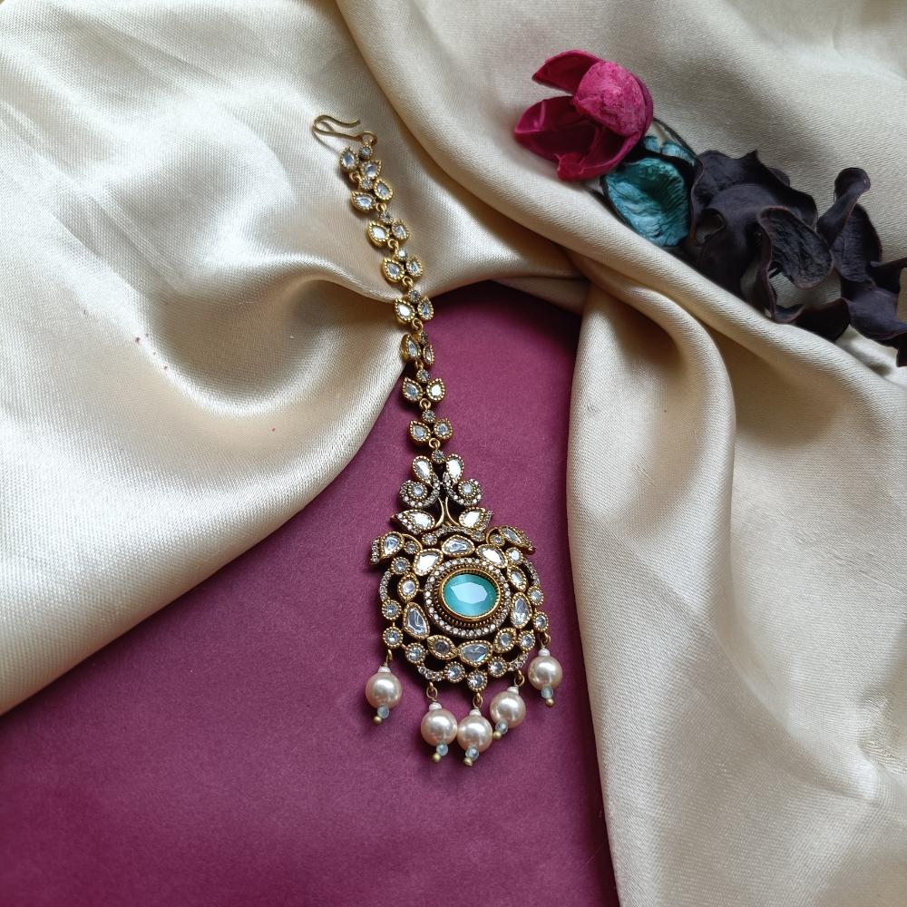 Arham Gold Plated Polki Kundan And Pearl Beads Maangtikka