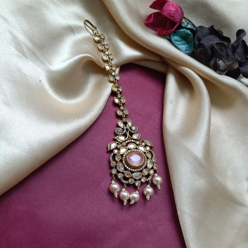 Arham Gold Plated Polki Kundan And Pearl Beads Maangtikka