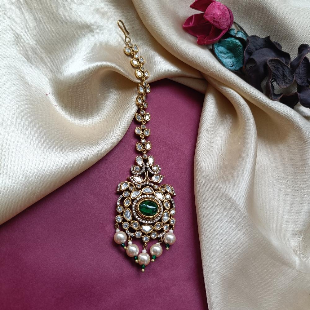 Arham Gold Plated Polki Kundan And Pearl Beads Maangtikka