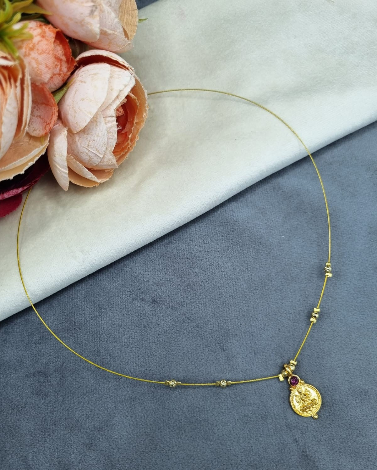 LAFZ Invisible Wire Lakshmi Coin Pendant Necklace with Gold Bead Accents - TM599