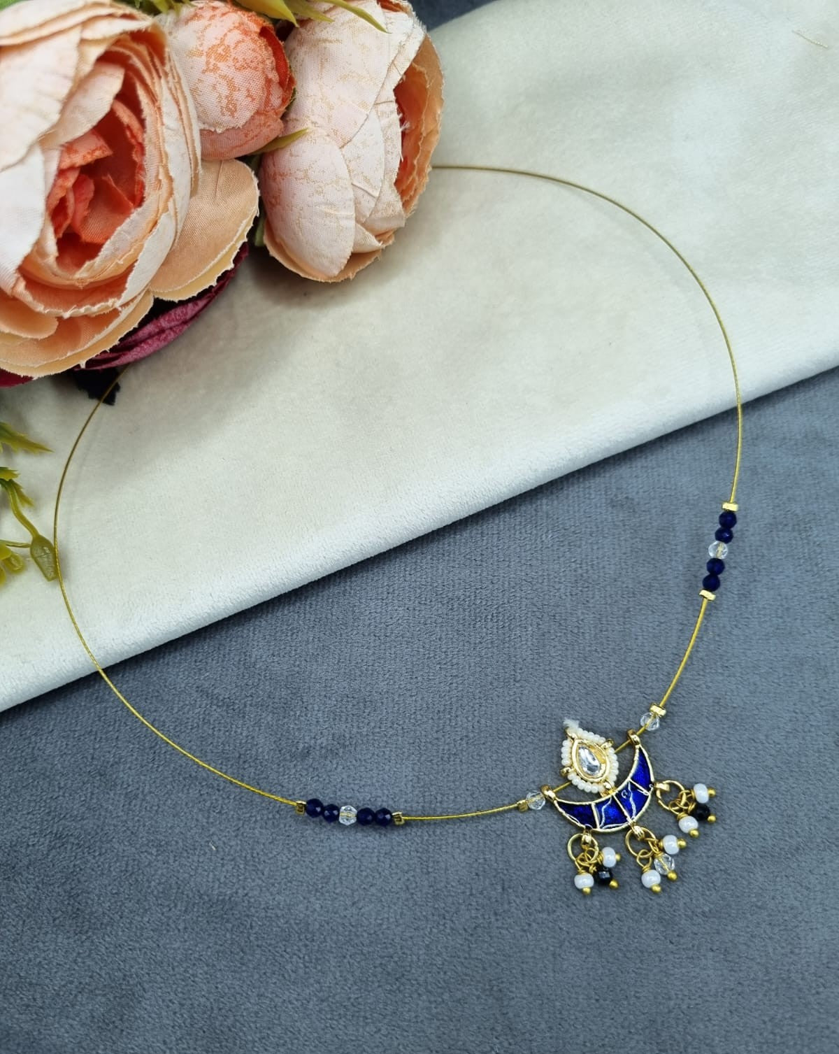 LAFZ Invisible Wire Crescent Pendant Necklace with Beaded Accents - TM600