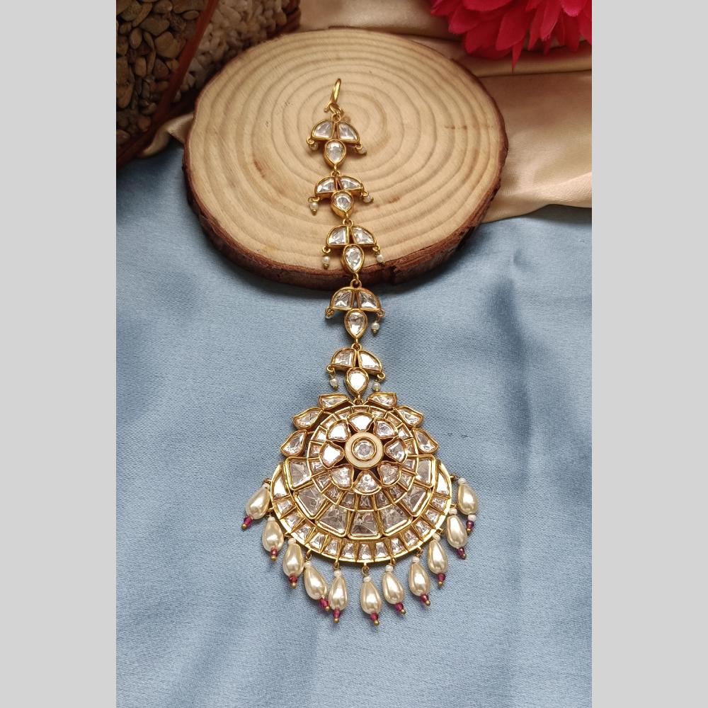 Arham Gold Plated Polki Kundan And Meenakari Pearl Beads Maangtikka