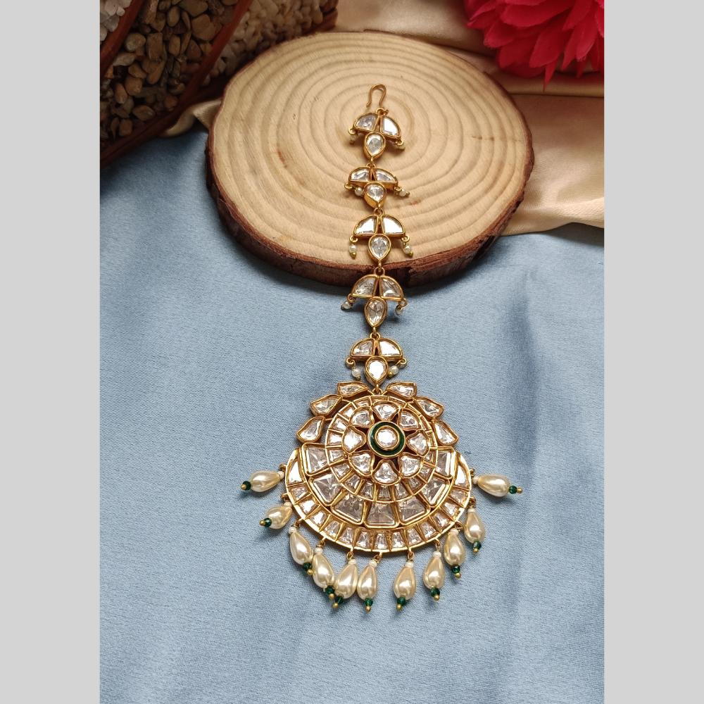 Arham Gold Plated Polki Kundan And Meenakari Pearl Beads Maangtikka