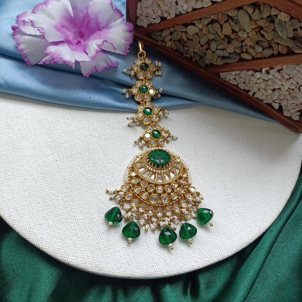 Arham Gold Plated Polki Kundan And Pearl Beads Maangtikka