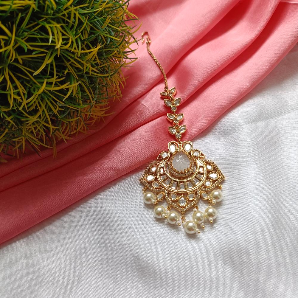 Arham Gold Plated Polki Kundan And Pearl Beads Maangtikka