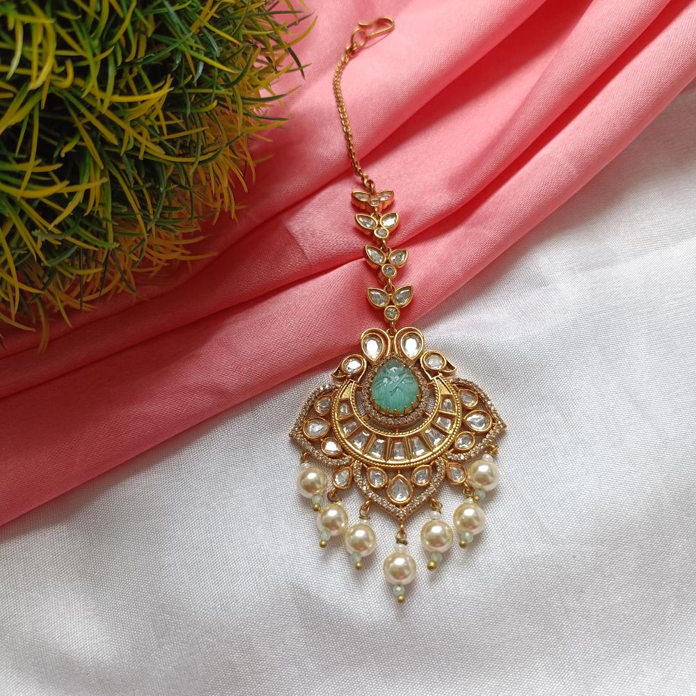 Arham Gold Plated Polki Kundan And Pearl Beads Maangtikka