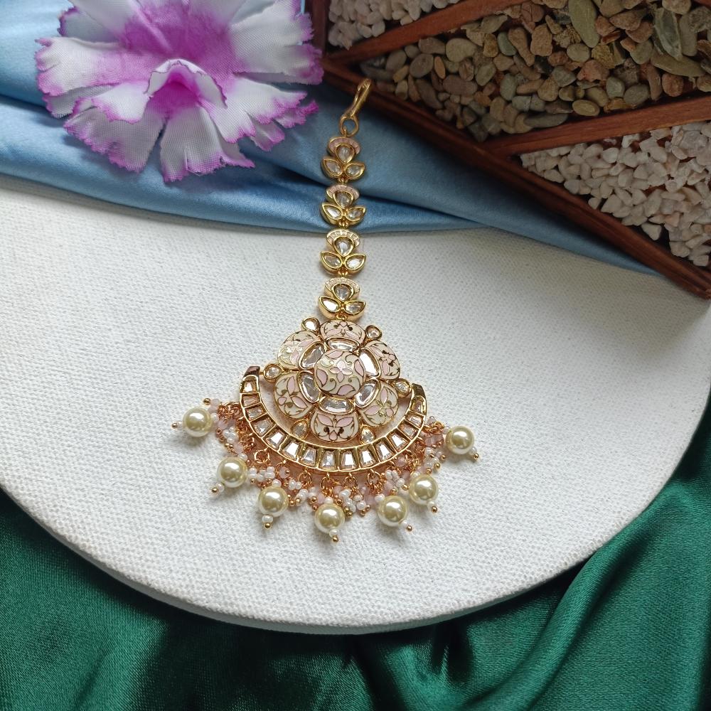 Arham Gold Plated Polki Kundan And Meenakari Pearl Beads Maangtikka