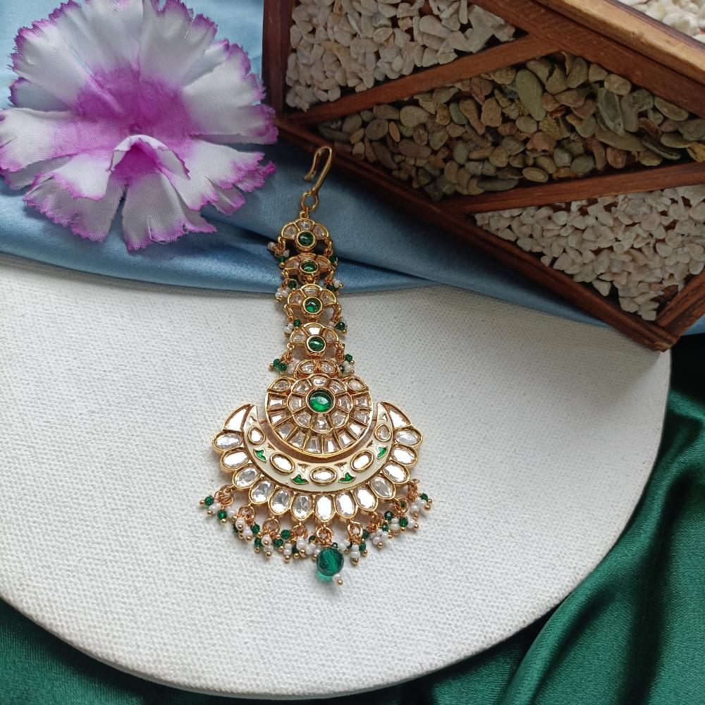 Arham Gold Plated Polki Kundan And Meenakari Pearl Beads Maangtikka