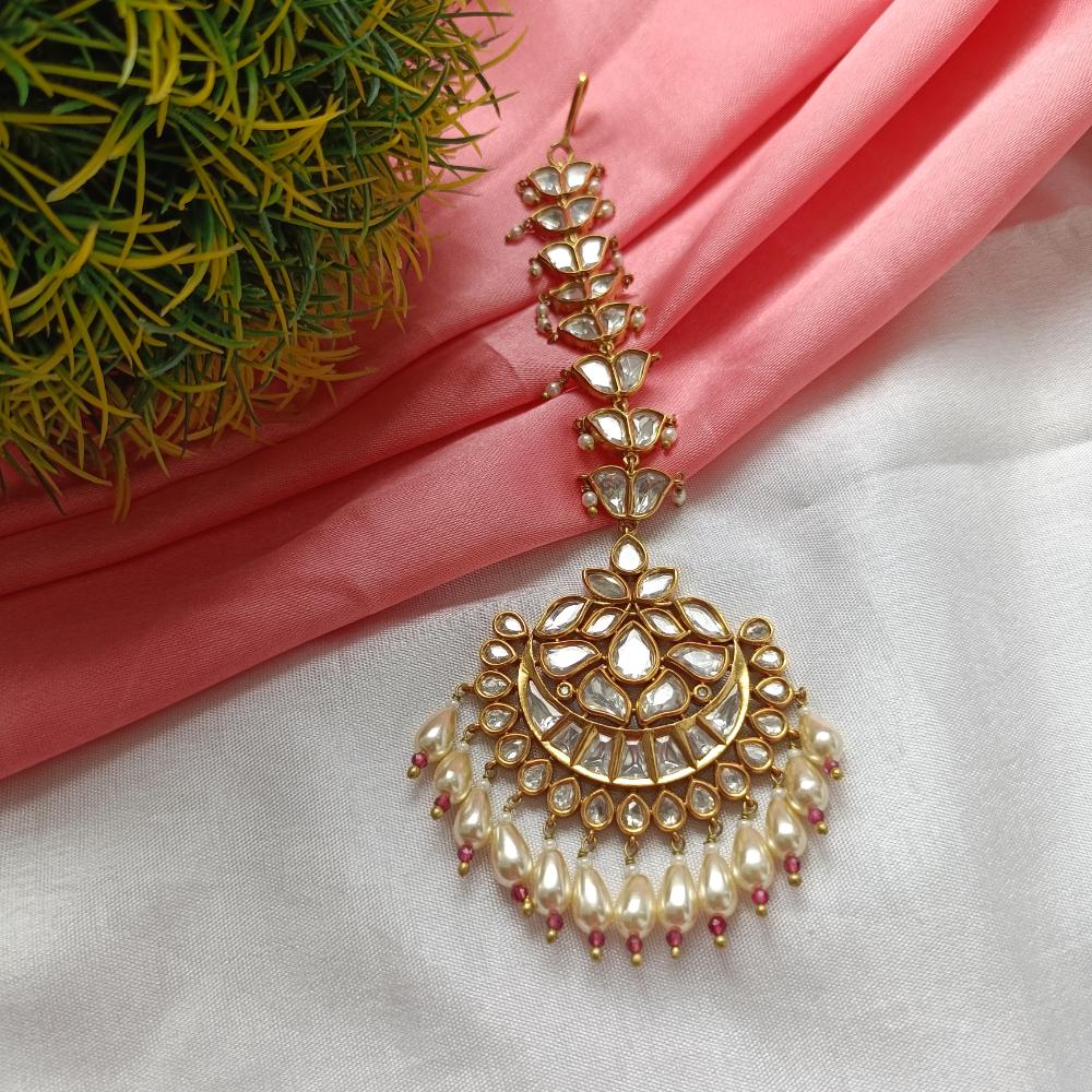 Arham Gold Plated Polki Kundan And Pearl Beads Maangtikka