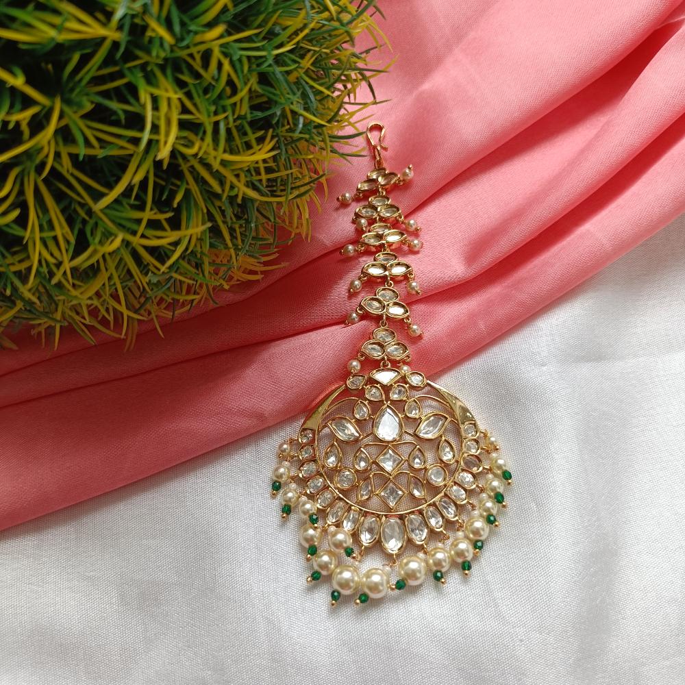Arham Gold Plated Polki Kundan And Pearl Beads Maangtikka