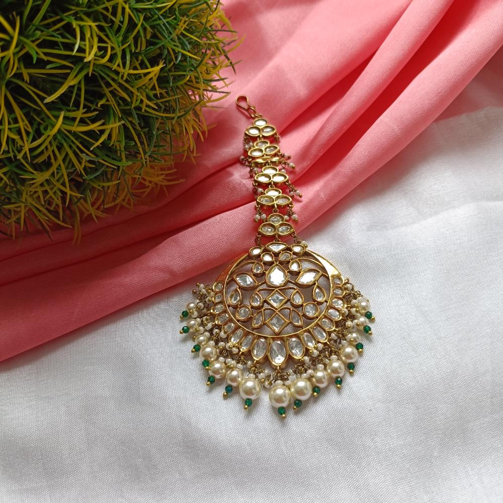 Arham Gold Plated Polki Kundan And Pearl Beads Maangtikka