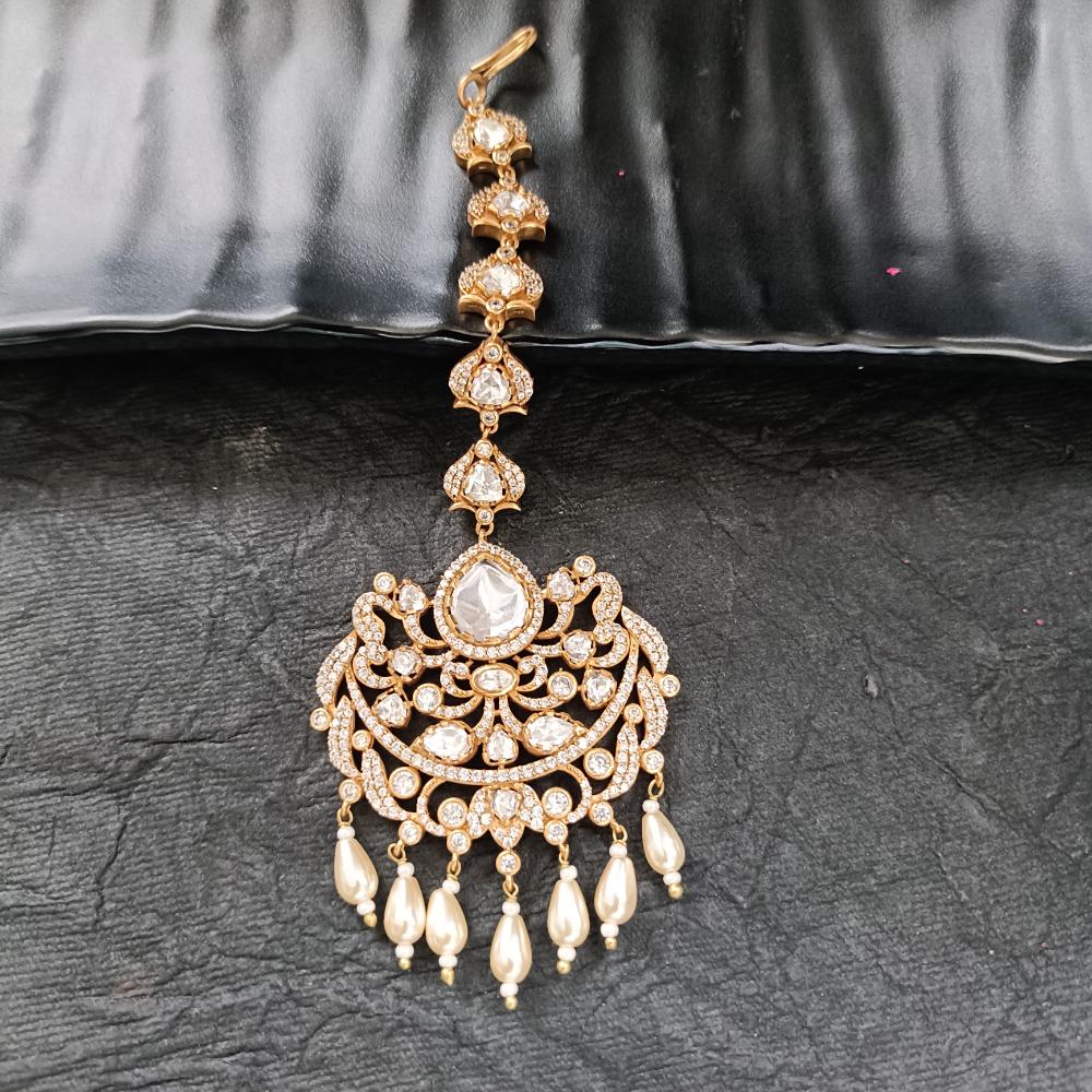 Arham Gold Plated Polki Kundan And Pearl Beads Maangtikka