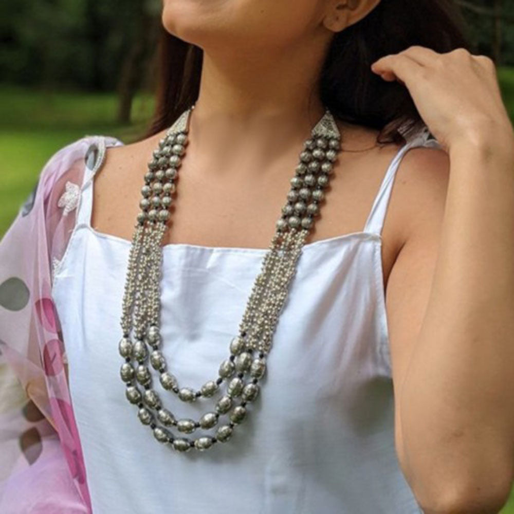 Bevy Pearls Heritage Design Oxidised Pearl And Beads Necklace