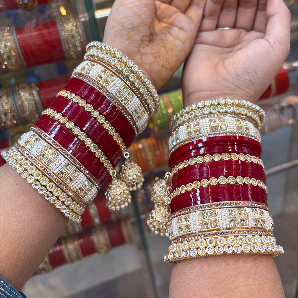 Wedding Chuda Gold Plated Crystal And Pearl Bridal Bangles Set
