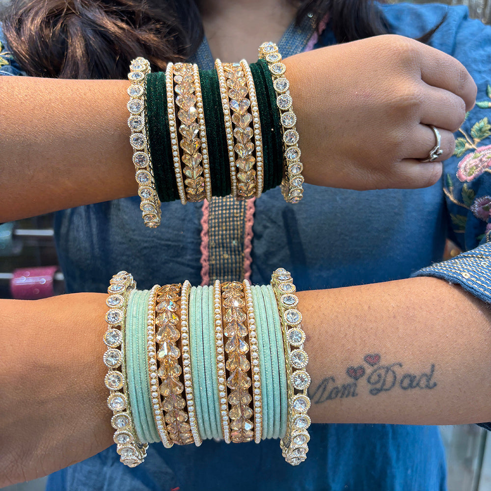 Wedding Chuda Gold Plated Crystal And Pearl Velvet Bangles Set