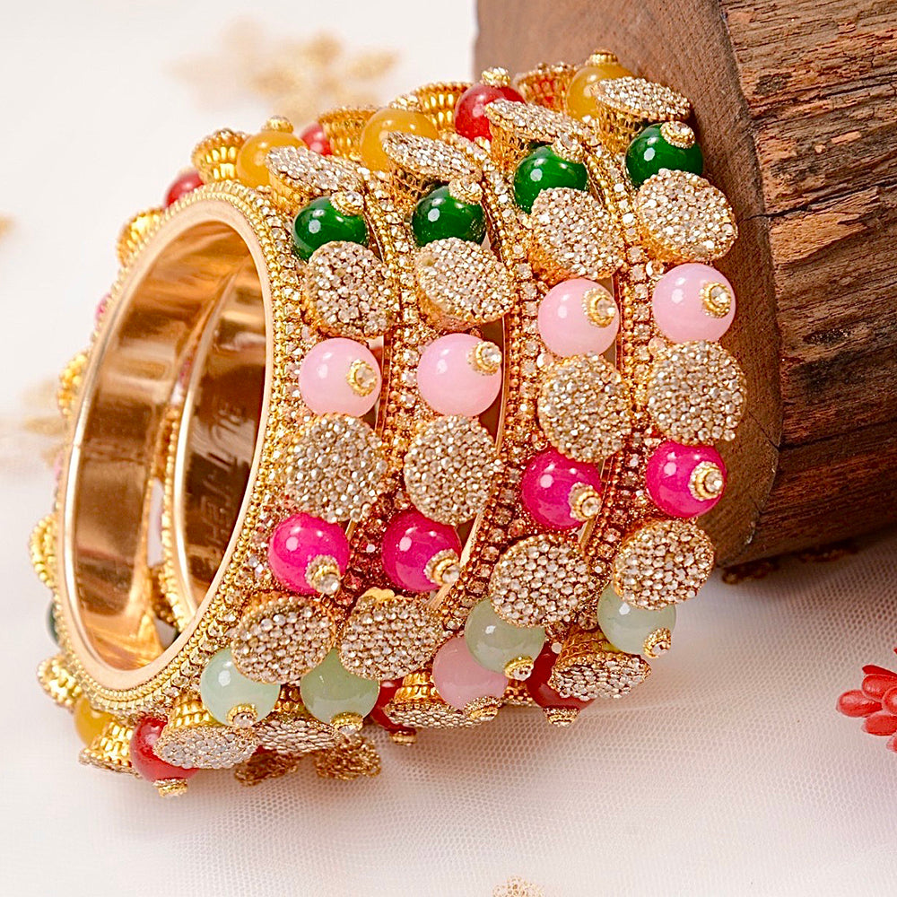 Wedding Chuda Gold Plated Austrian Stone And Pearl Bangles Set