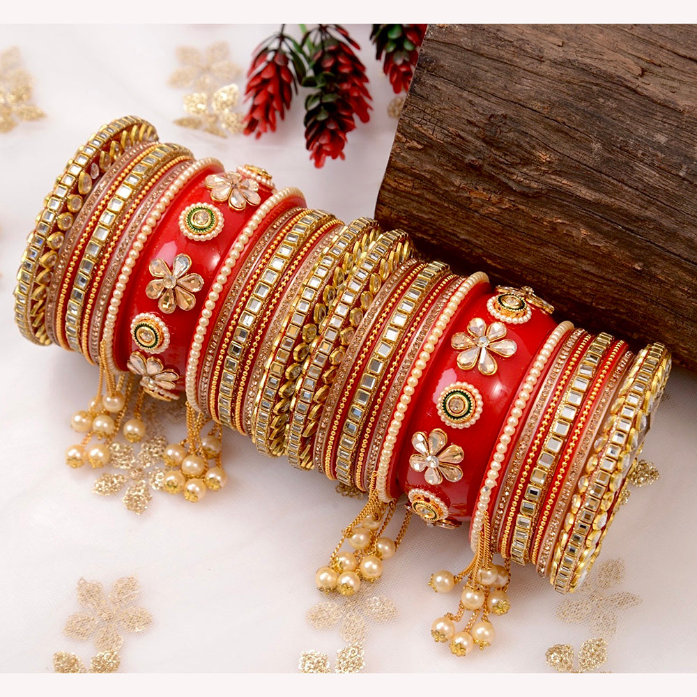 Wedding Chuda Gold Plated Crystal And Pearl Mirror Acrylic Bangles