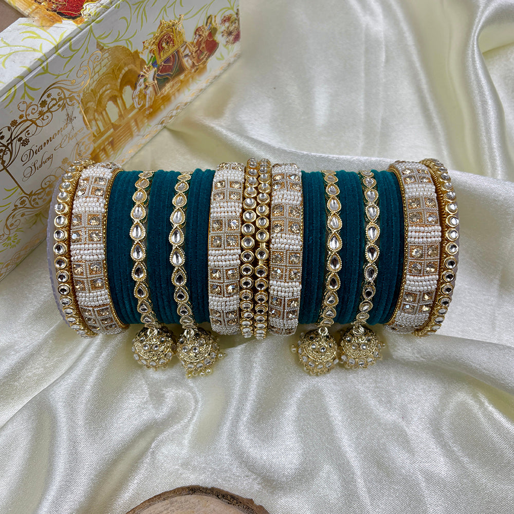 Wedding Chuda Gold Plated Kundan Stone And Pearl Velvet Bridal Bangles Set