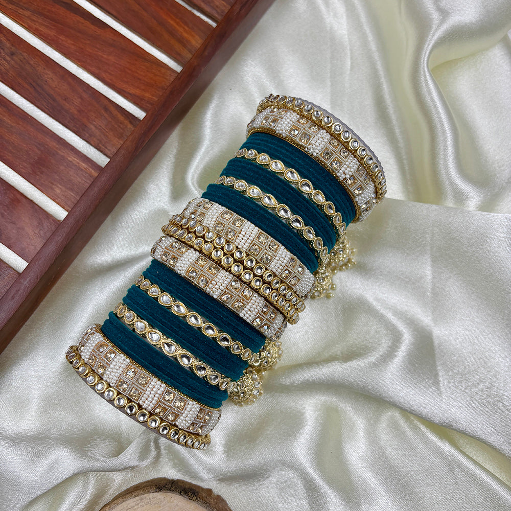 Wedding Chuda Gold Plated Kundan Stone And Pearl Velvet Bridal Bangles Set
