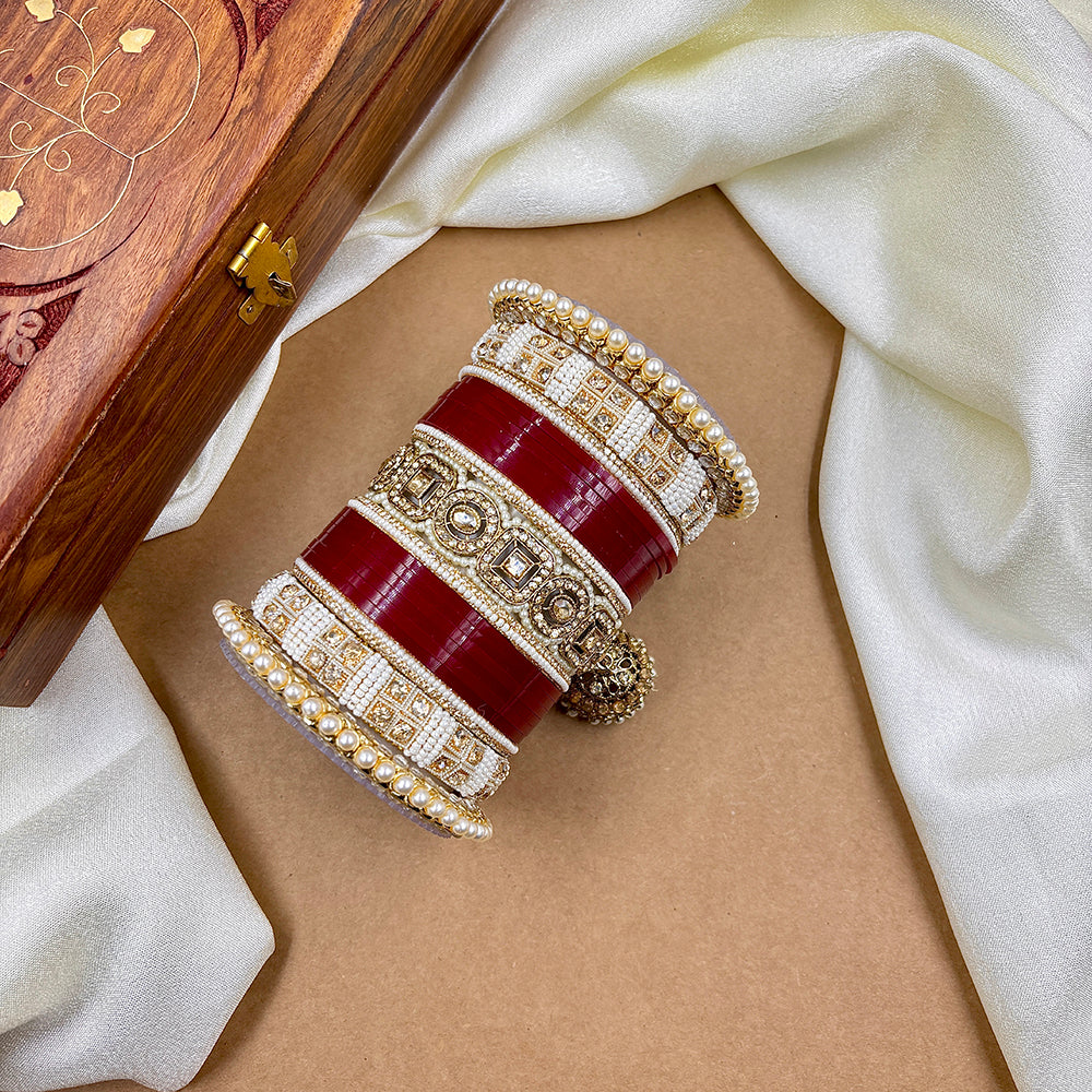 Wedding Chuda Gold Plated Austrian Stone And Pearl Acrylic Bangles Set