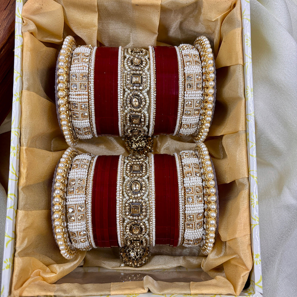 Wedding Chuda Gold Plated Austrian Stone And Pearl Acrylic Bangles Set