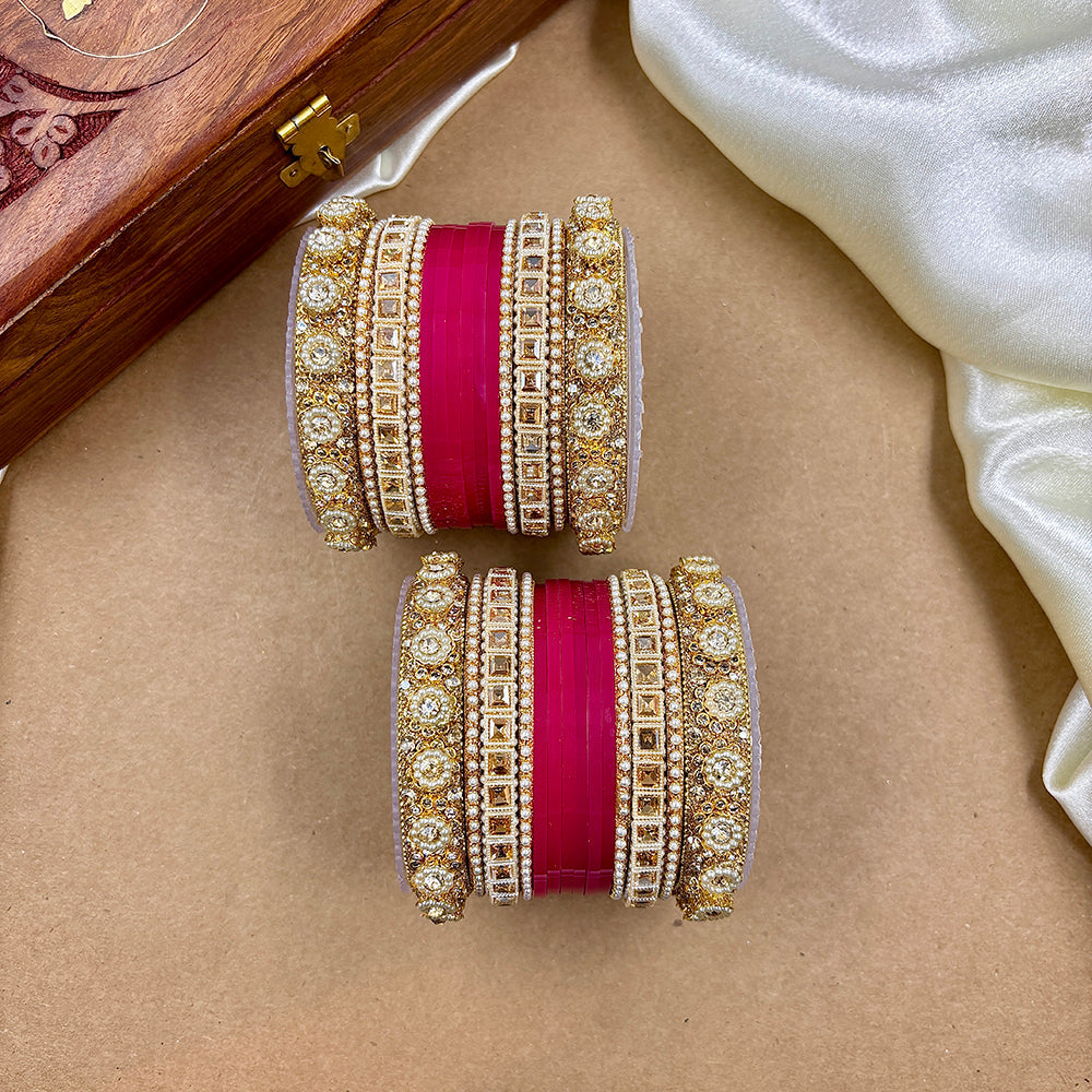 Wedding Chuda Gold Plated Austrian Stone And Pearl Bangles Set
