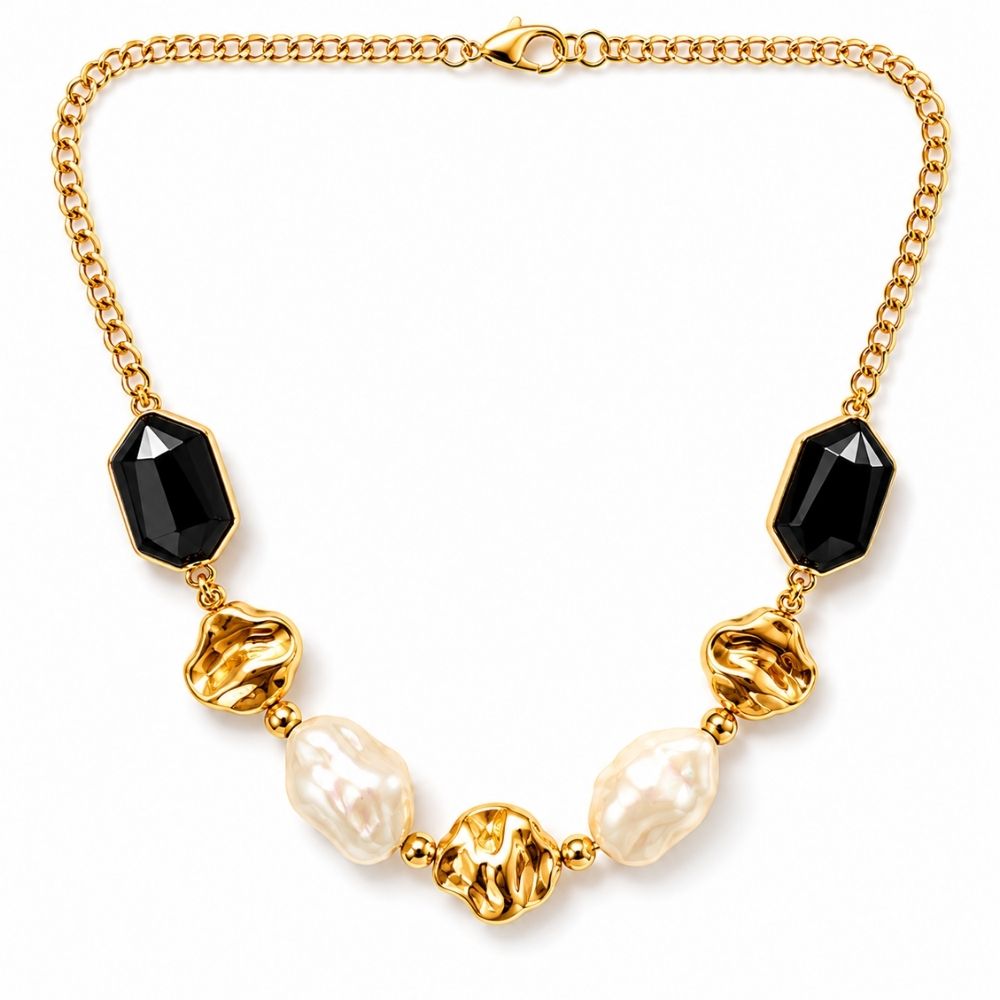 Etnico Fashion Gold Plated Anti Tarnish Faux Pearl & Black Stone Necklace for Women & Girls Stylish Fashion Jewellery (WN004FL)