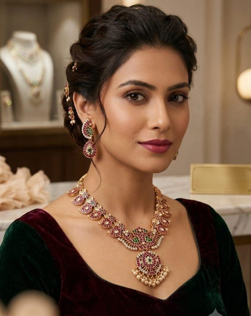 LAFZ Traditional Ruby & Emerald Peacock Motif Medium Necklace Set with Earrings - TM607