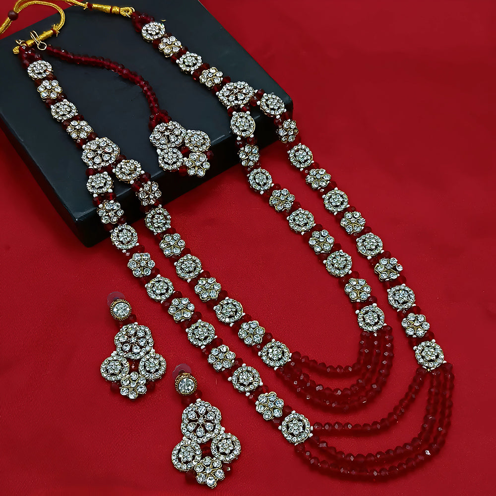 Gehana Mahal Gold Plated Austrian Stone And Pearl Long Necklace Set