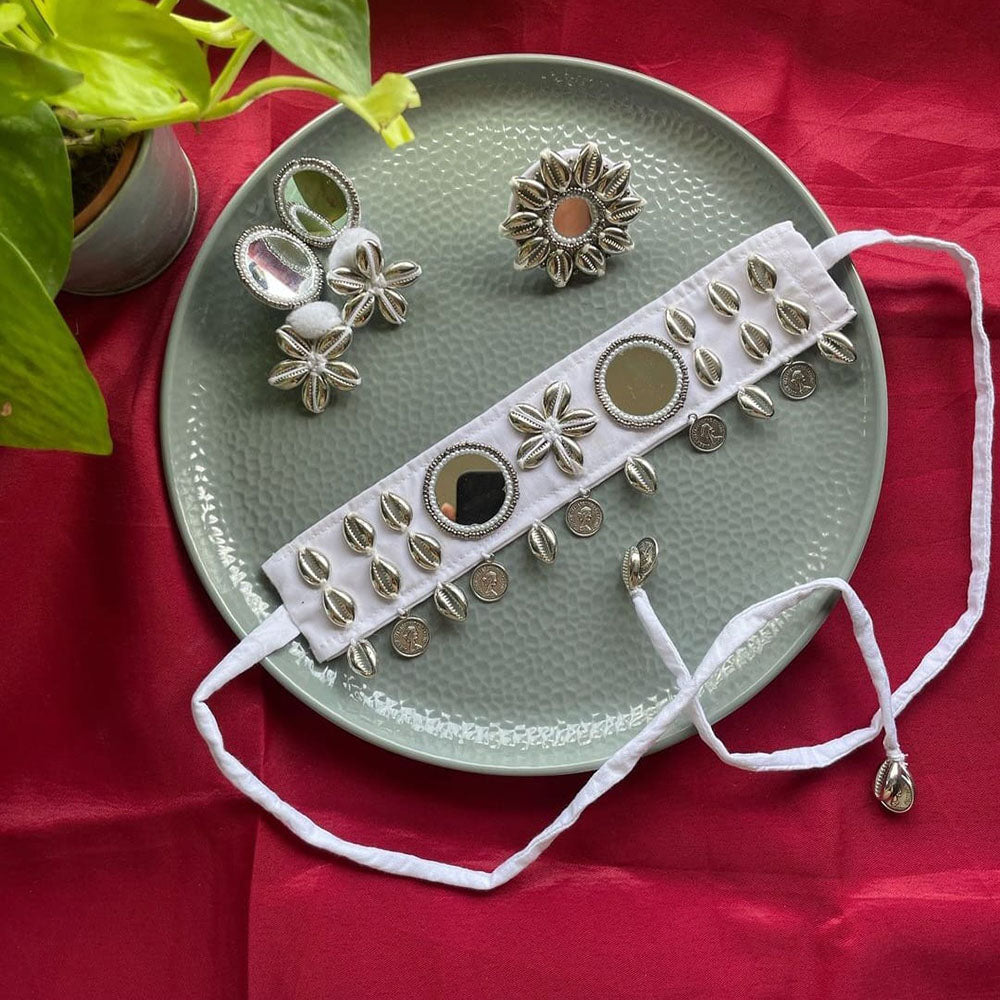 Handmade For Her Handmade Mirror Choker Necklace Set With Ring