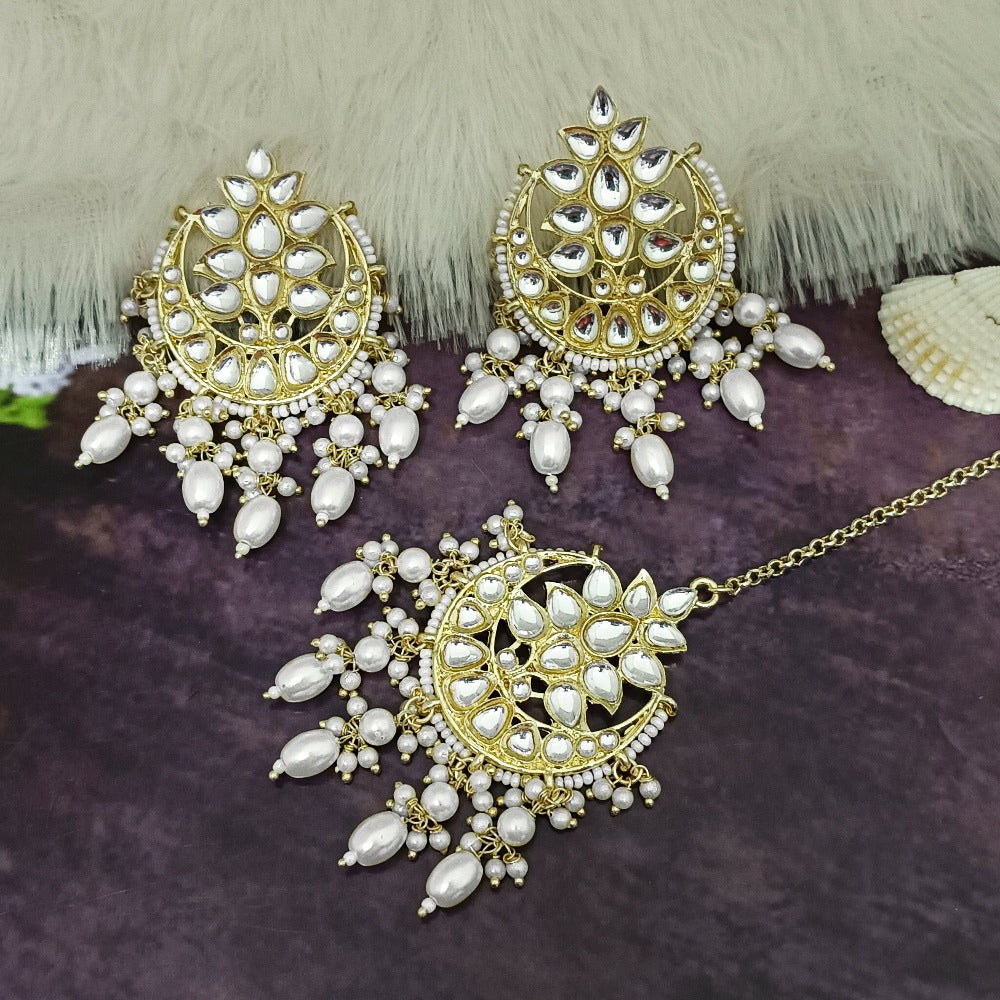 Bhavi Jewels Gold Plated Kundan Dangler Earrings With Maang Tikka