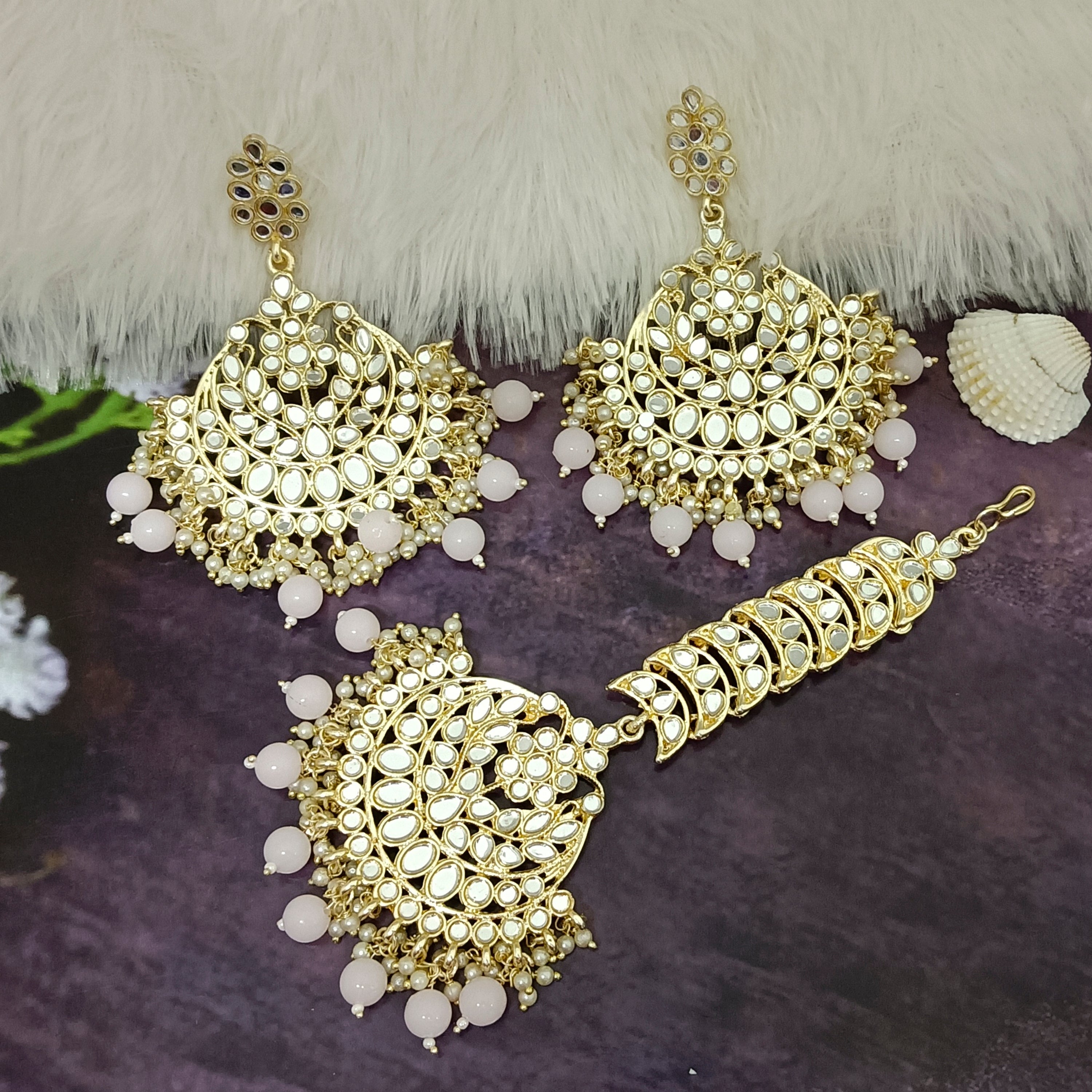 Bhavi Jewels Gold Plated Kundan Dangler Earrings With Maang Tikka