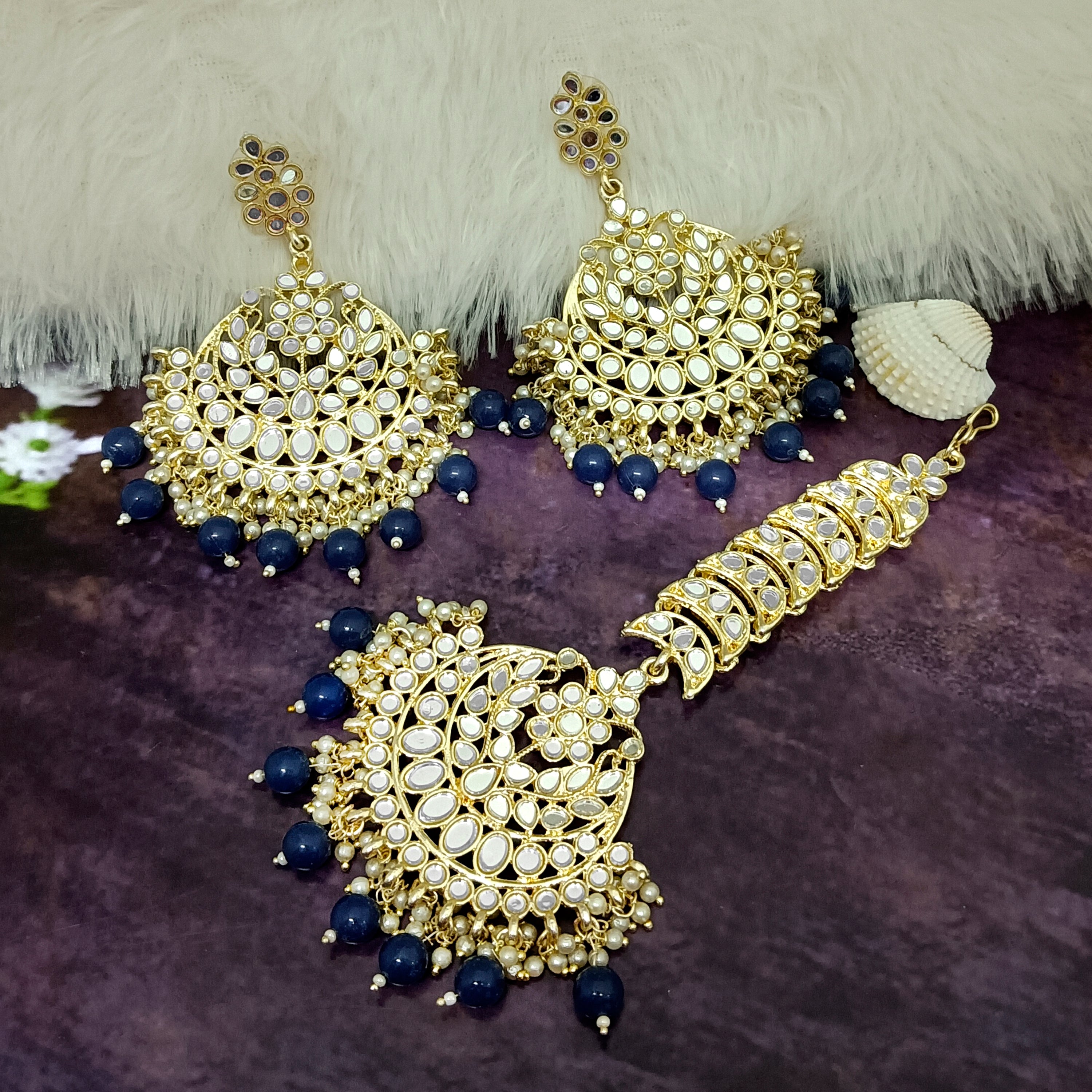 Bhavi Jewels Gold Plated Kundan Dangler Earrings With Maang Tikka