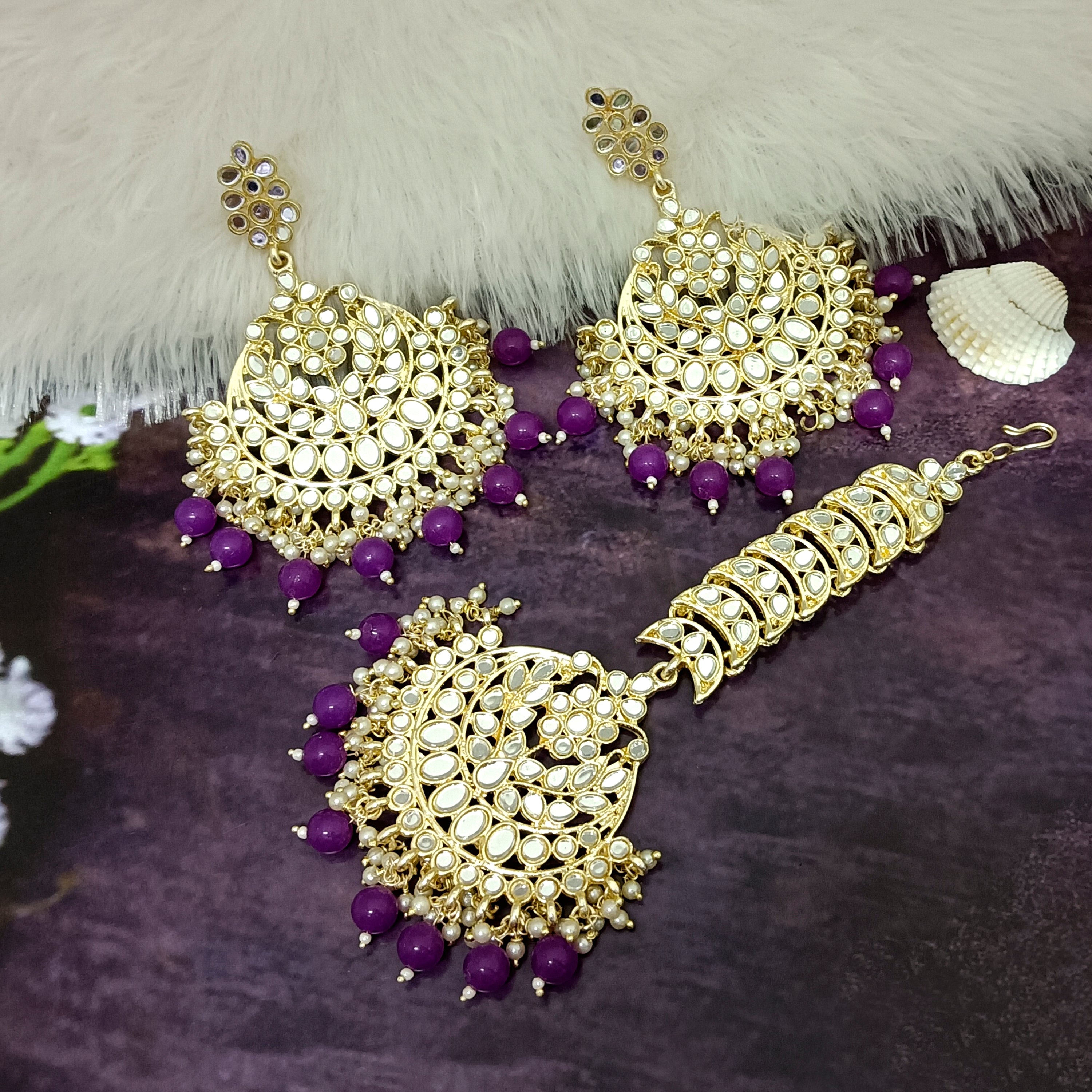 Bhavi Jewels Gold Plated Kundan Dangler Earrings With Maang Tikka