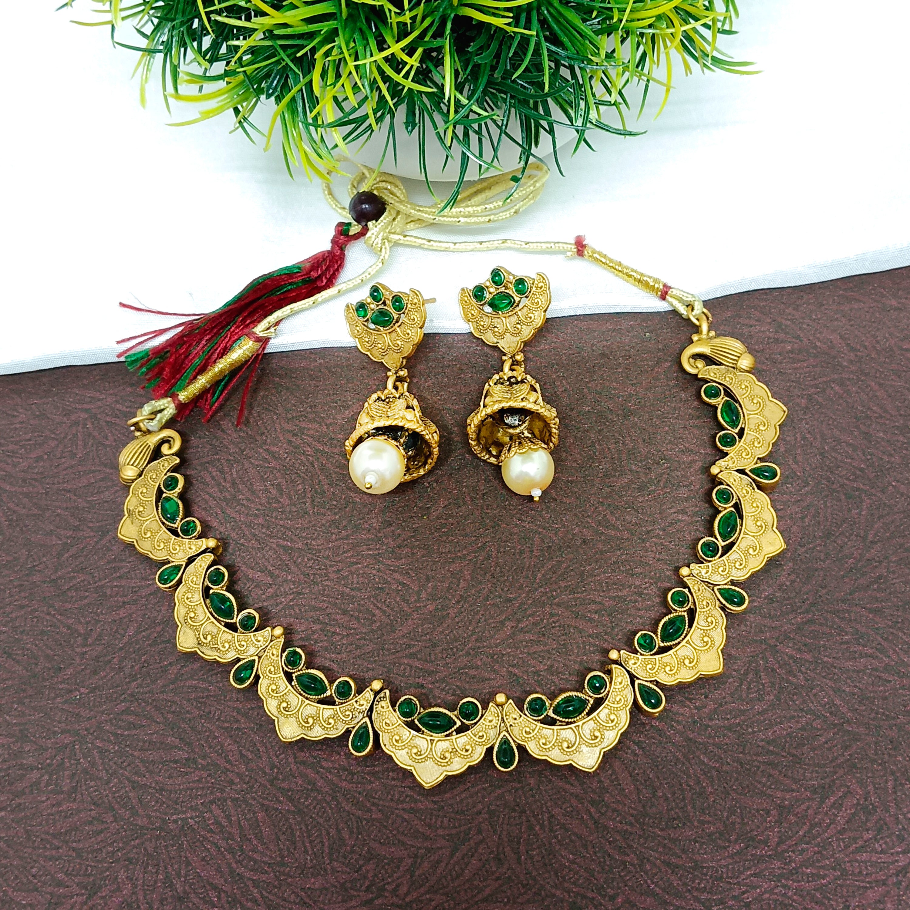Bhavi Jewels Pota Stone Gold Plated Necklace Set