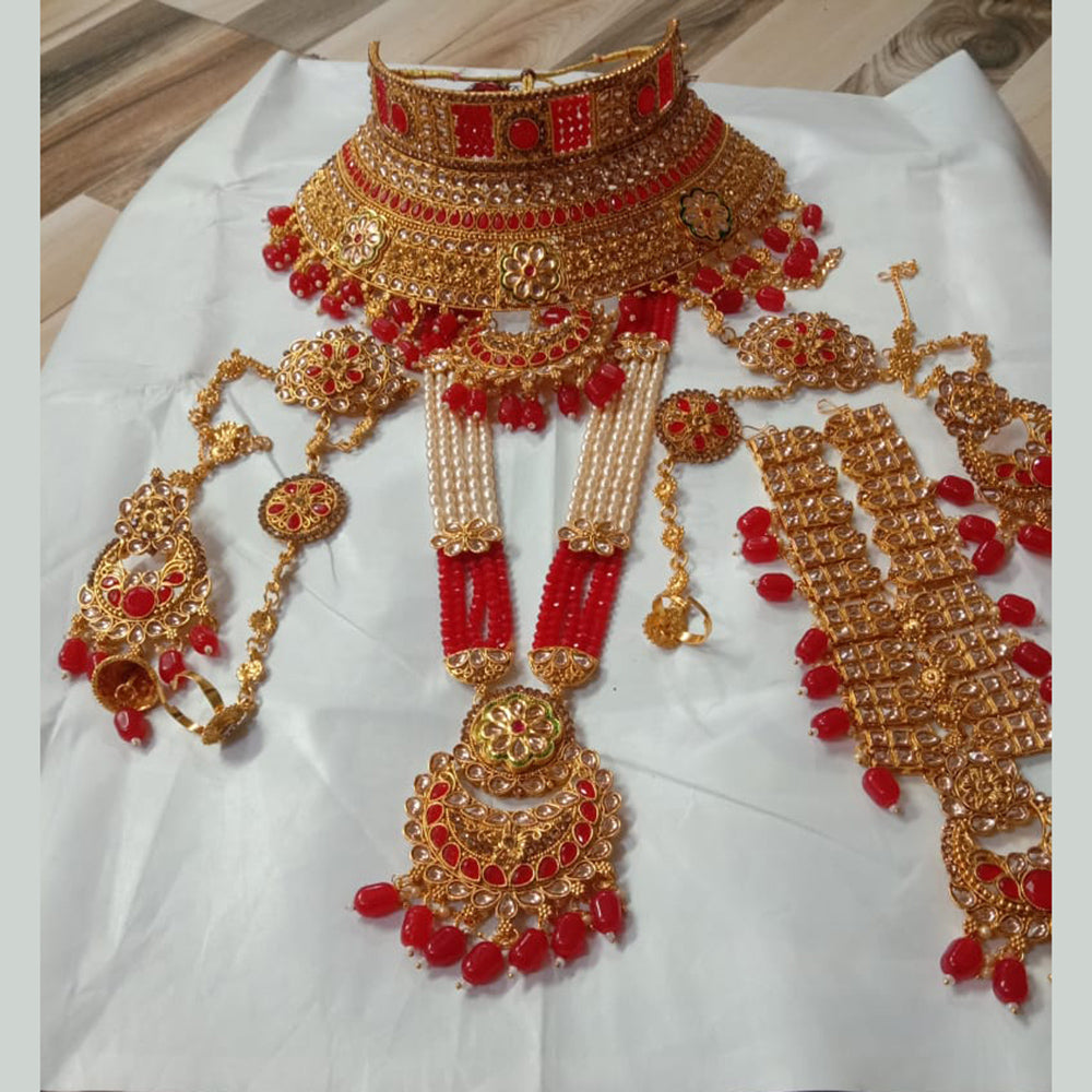 Neetu Art Gold Plated Red Stone And Kundan Bridal Jewellery Set for Women