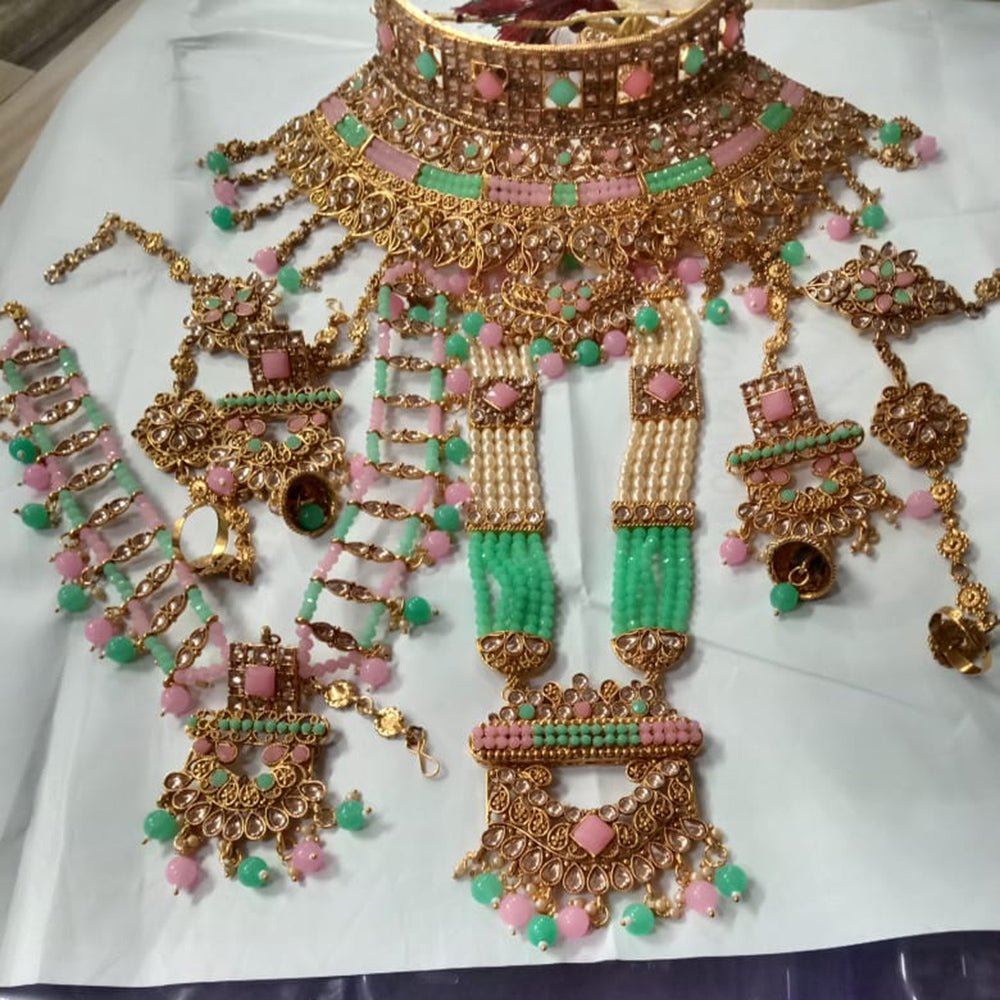 Neetu Art Gold Plated Pink Stone And Kundan Bridal Jewellery Set for Women