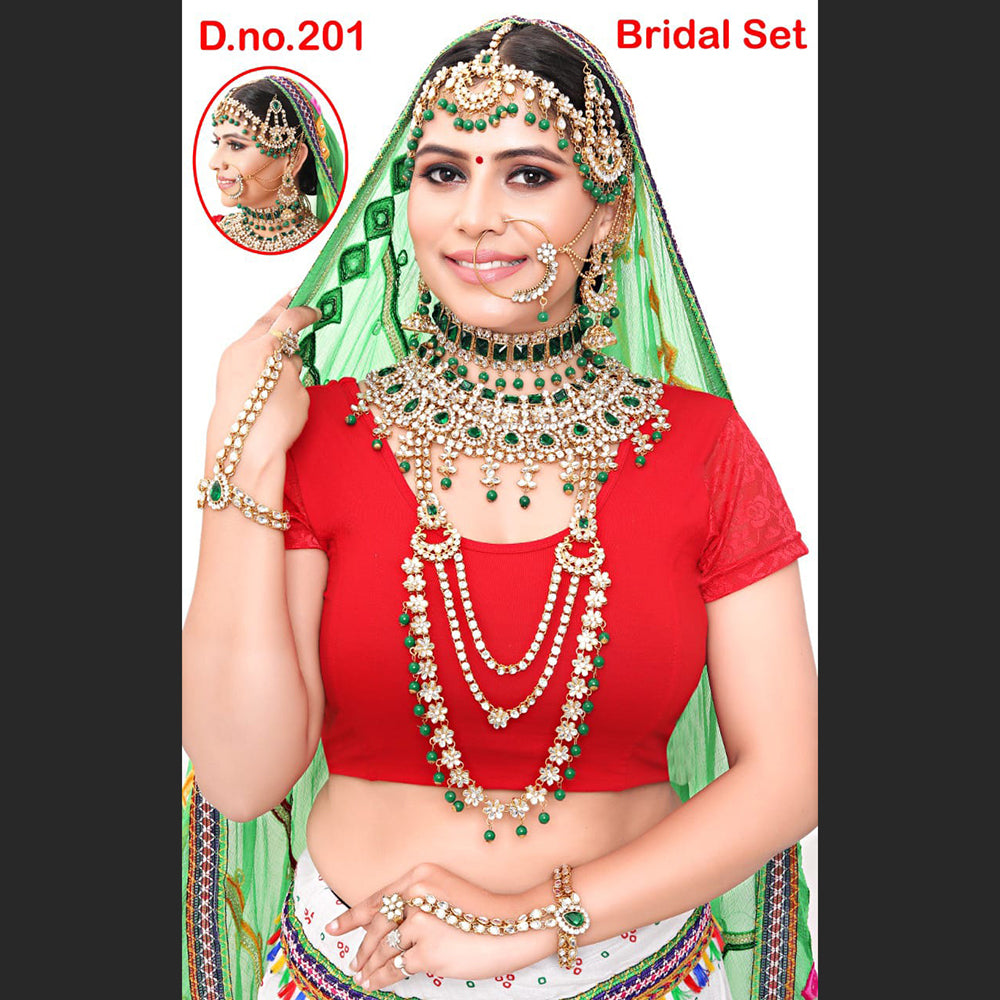 Neetu Art Gold Plated Green Stone And Kundan Bridal Jewellery Set for Women