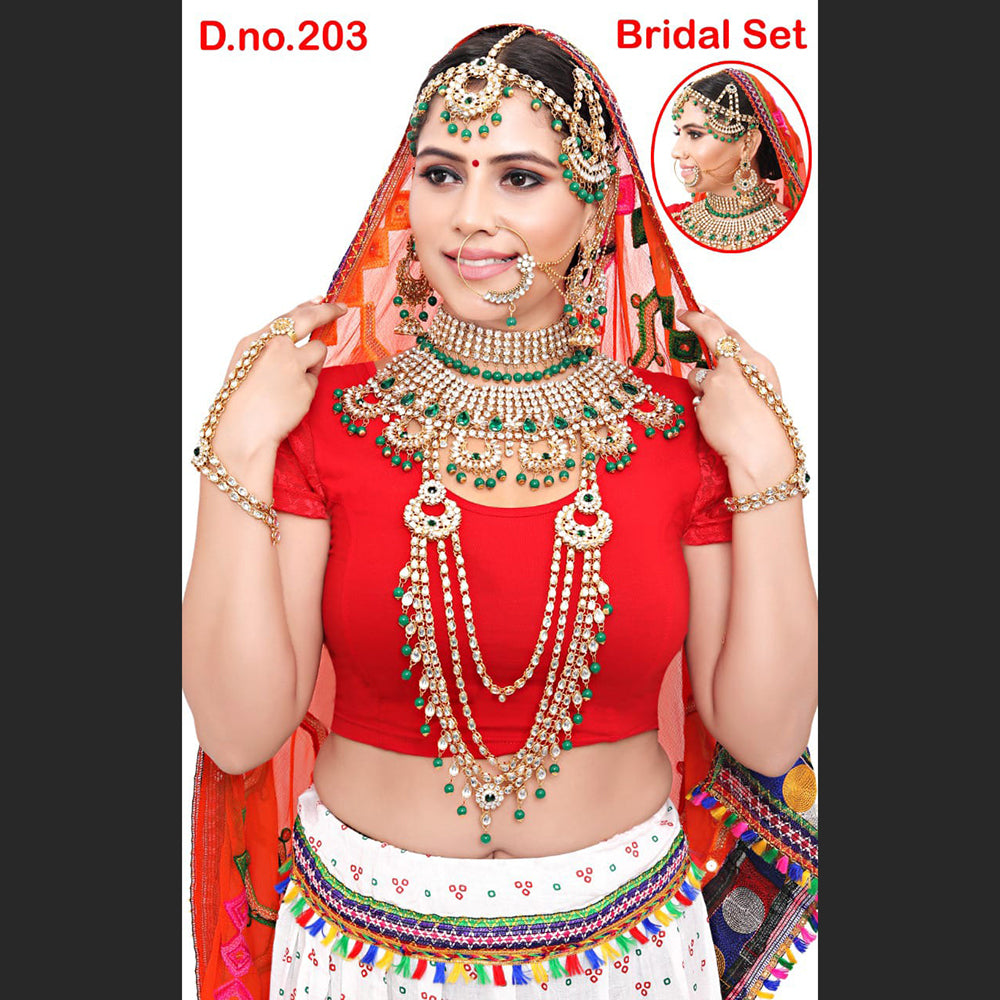 Neetu Art Gold Plated Green Stone And Kundan Bridal Jewellery Set for Women