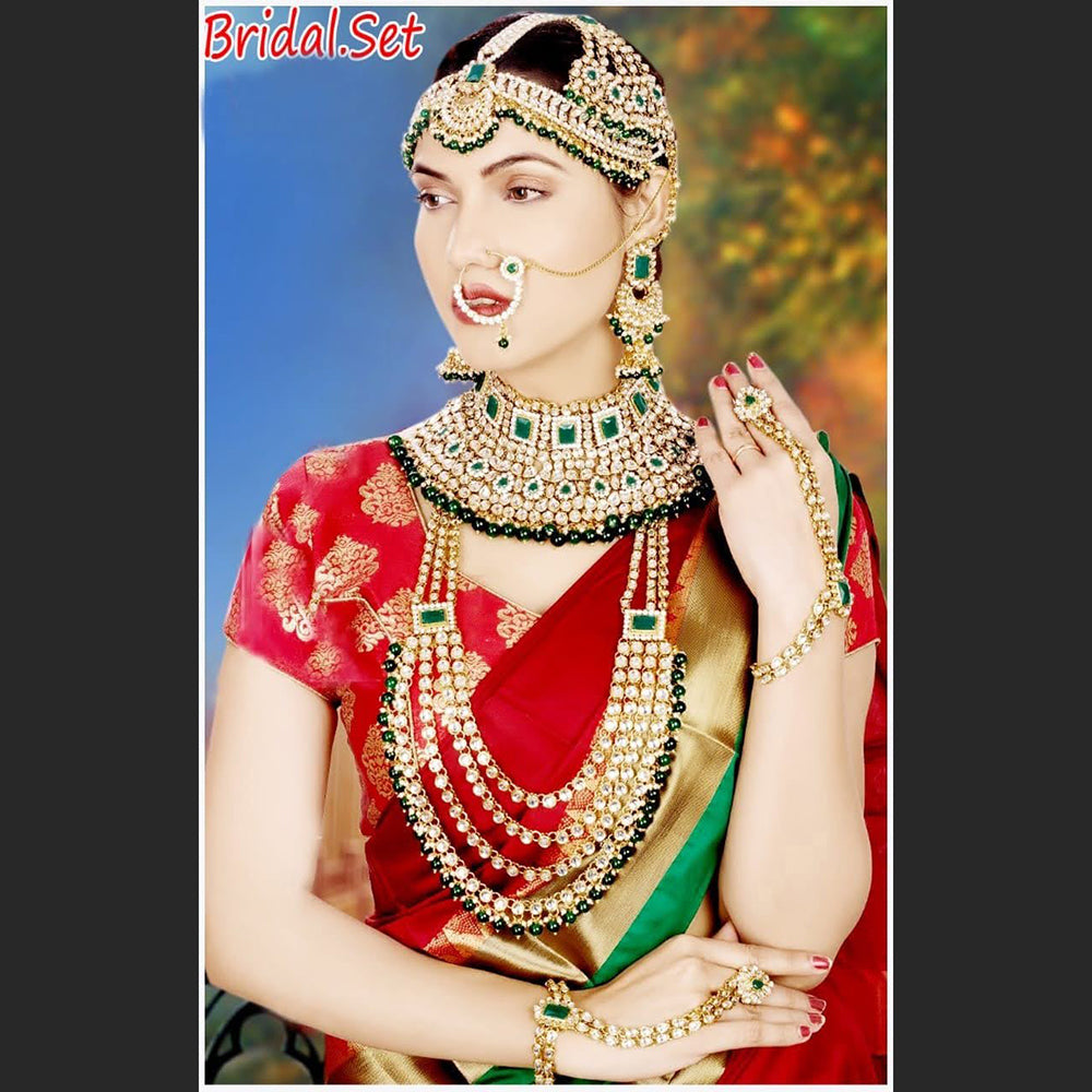 Neetu Art Gold Plated Green Stone And Kundan Bridal Jewellery Set for Women