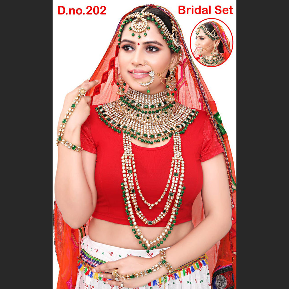 Neetu Art Gold Plated Green Stone And Kundan Bridal Jewellery Set for Women