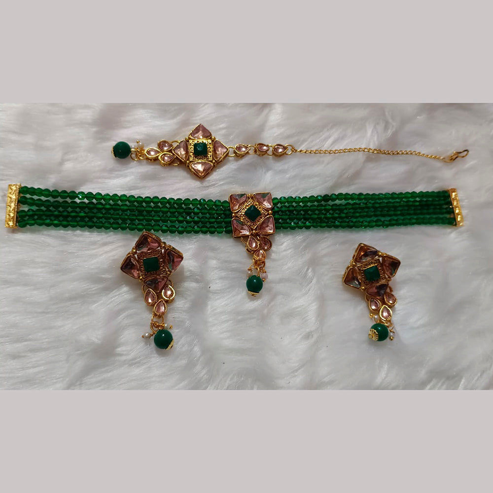 Neetu Art Gold Plated Crystal Stone Choker Necklace Set With Maangtikka